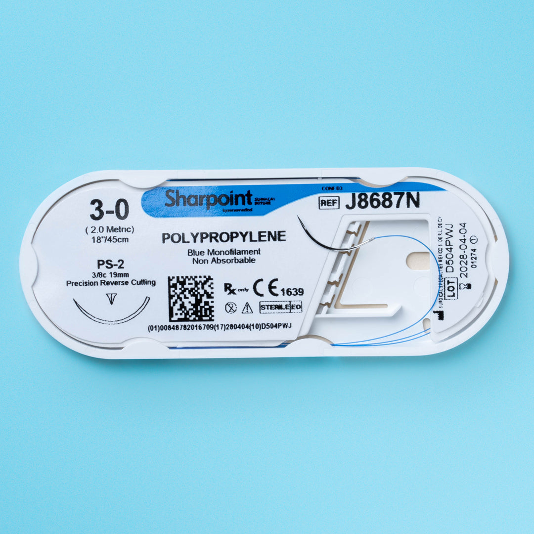 Sharpoint 3-0 blue polypropylene suture (J8687N) with an 18-inch length and a PS-2 precision reverse cutting needle. This non-absorbable, monofilament suture is packaged for sterility, highlighted for its use in medical disciplines requiring precise tissue approximation and long-term support. The box showcases its use in advanced surgical procedures, making it a trusted choice for healthcare professionals across various specialties