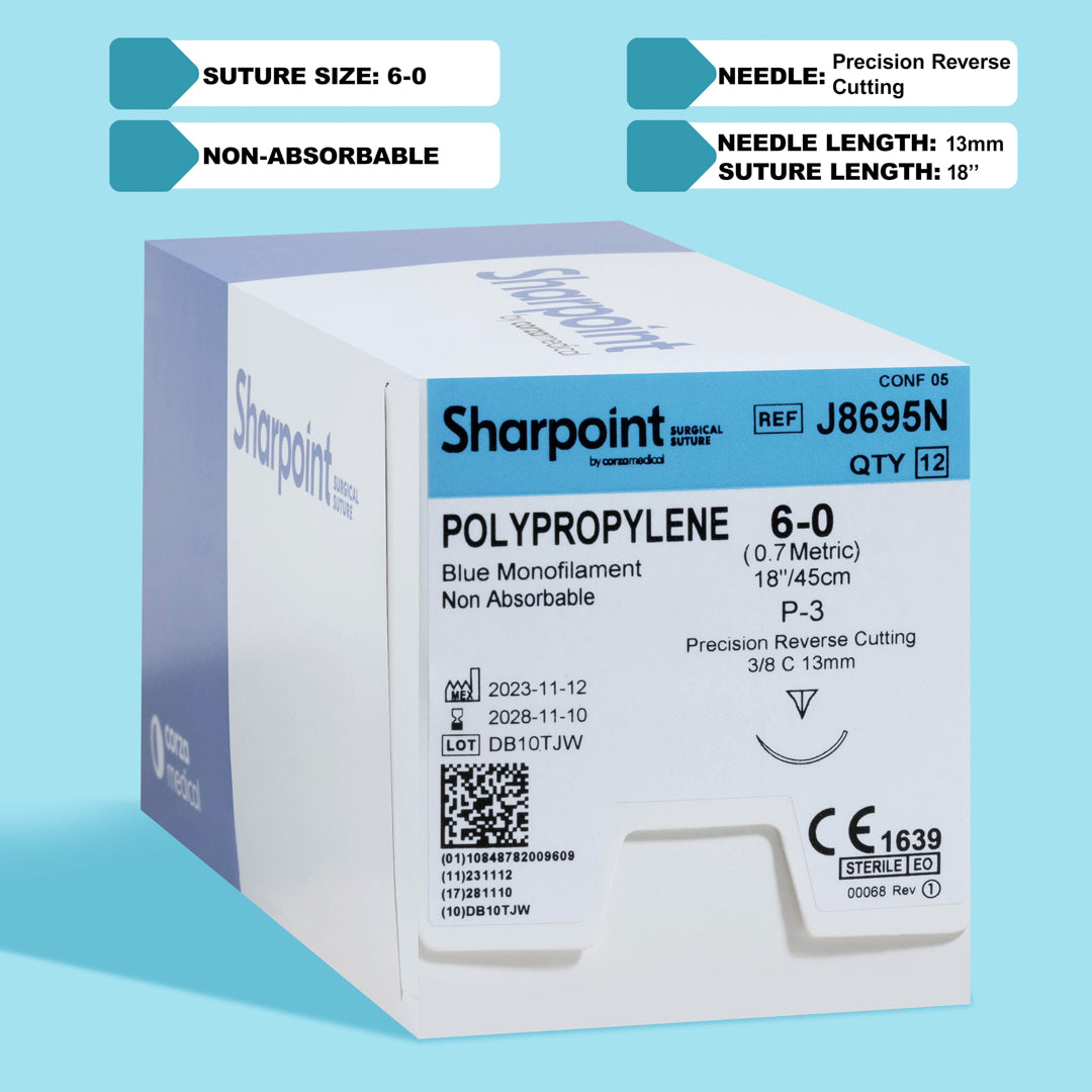 A box and suture packet of Sharpoint 6-0 blue polypropylene suture (J8695N), featuring a P-3 precision reverse cutting needle for exact suturing. This non-absorbable monofilament suture is designed for high-precision surgical procedures, offering lasting support and minimal tissue reaction. It's showcased as a key tool for professionals in specialized surgeries, emphasizing its quality and reliability