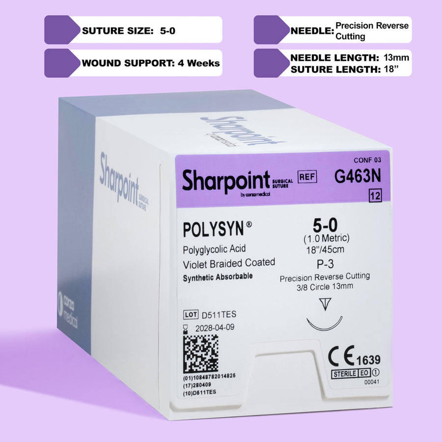 Suture tressée Polysyn 5-0, aiguille P-3 de 45 cm | G463N