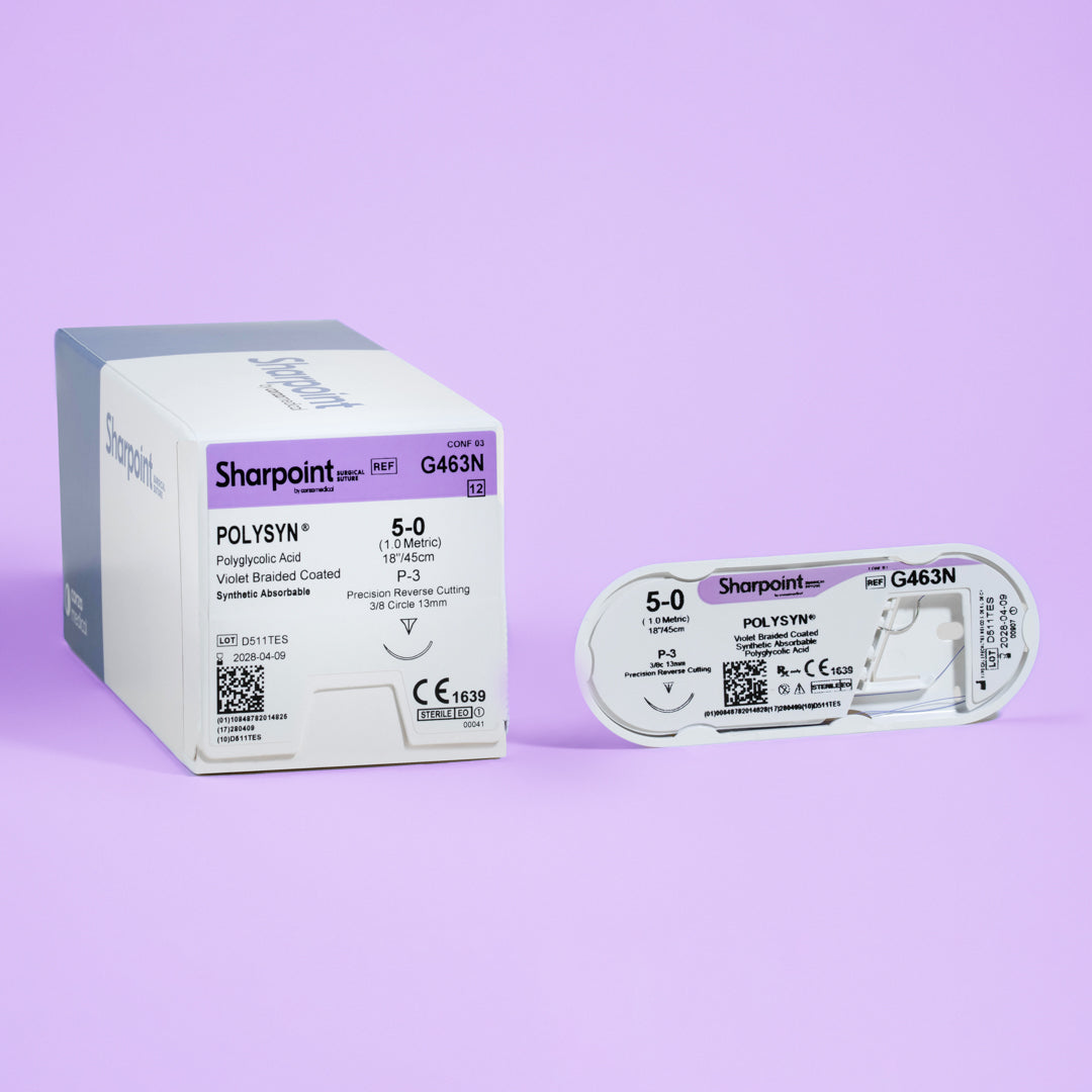 Box and individual packaging of Sharpoint POLYSYN 5-0 suture (G463N) with a P-3 precision reverse cutting needle, designed for dental and medical professionals. This violet braided polyglycolic acid suture offers superior handling, knot security, and visibility for a range of surgical applications, emphasizing its utility in enhancing surgical precision and patient healing