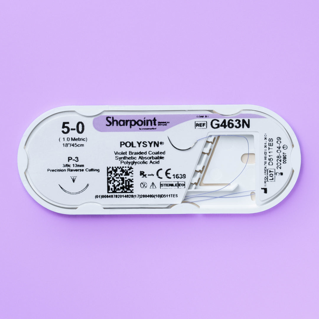 Box and individual packaging of Sharpoint POLYSYN 5-0 suture (G463N) with a P-3 precision reverse cutting needle, designed for dental and medical professionals. This violet braided polyglycolic acid suture offers superior handling, knot security, and visibility for a range of surgical applications, emphasizing its utility in enhancing surgical precision and patient healing