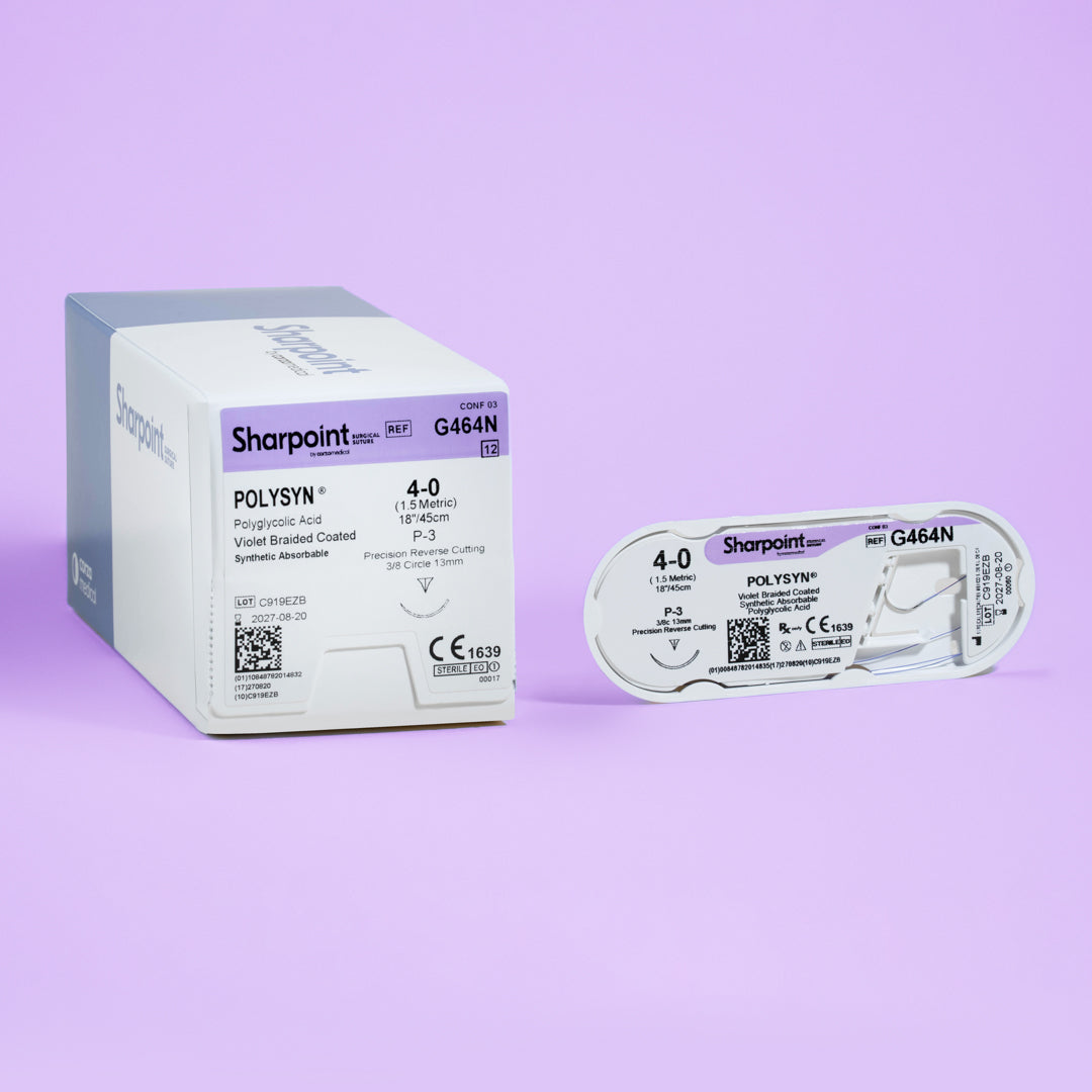Image showing Sharpoint 4-0 POLYSYN suture (G464N), featuring an 18-inch length violet braided polyglycolic acid suture and a P-3 precision reverse cutting needle. Packaged for sterility, this suture stands out for its application in both medical and dental surgeries, designed for professionals requiring dependable absorption, enhanced visibility, and robust knot security.