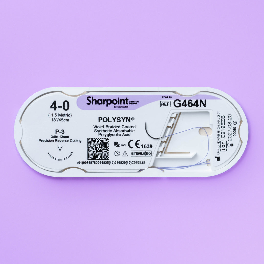 Image showing Sharpoint 4-0 POLYSYN suture (G464N), featuring an 18-inch length violet braided polyglycolic acid suture and a P-3 precision reverse cutting needle. Packaged for sterility, this suture stands out for its application in both medical and dental surgeries, designed for professionals requiring dependable absorption, enhanced visibility, and robust knot security.