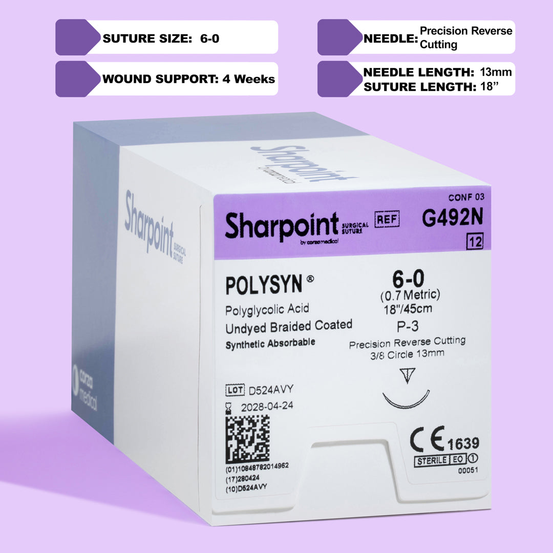 A box and an individual pack of Sharpoint 6-0 POLYSYN suture (G492N) with an 18-inch length and a P-3 precision reverse cutting needle. This synthetic absorbable, undyed braided suture is specifically designed for medical professionals seeking exceptional tissue compatibility, secure knotting, and predictable absorption for various surgical applications, highlighting its importance in enhancing surgical outcomes.