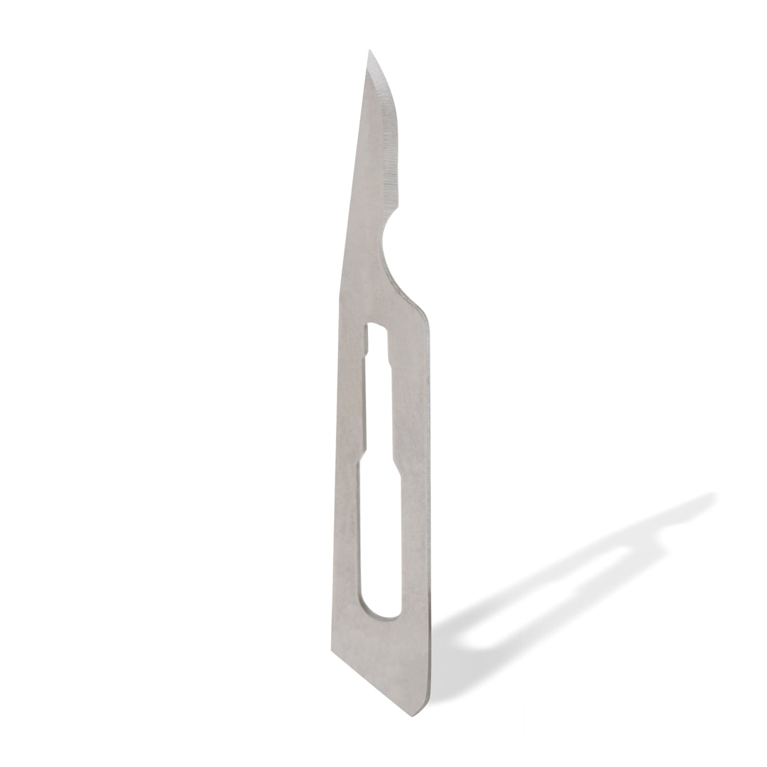 Swann-Morton #15C Carbon Steel Surgical Blade, featuring an extended blade for periodontal procedures, in sterile packaging.