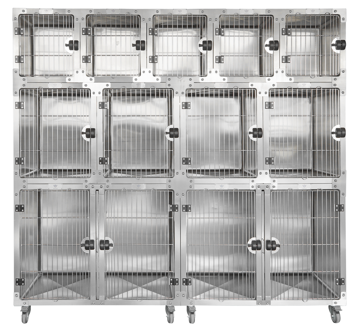 Stainless steel veterinary cages and housing modules for animal hospitals and clinics.
