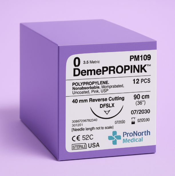 DemePROPINK™ Polypropylene Sutures – 0 USP, 40mm Reverse Cutting Needle, 90cm (Pack of 12) | PM109 (formerly F8690)