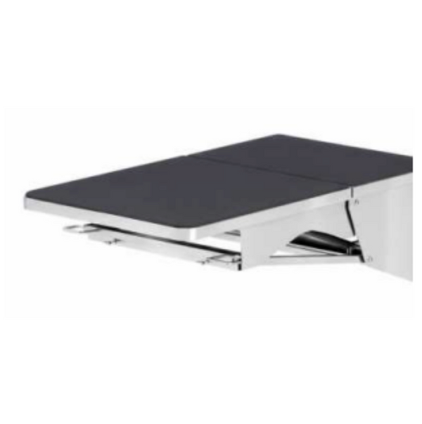Wall-mounted folding dental prep table top view showing split padded surface and fold-down mechanism