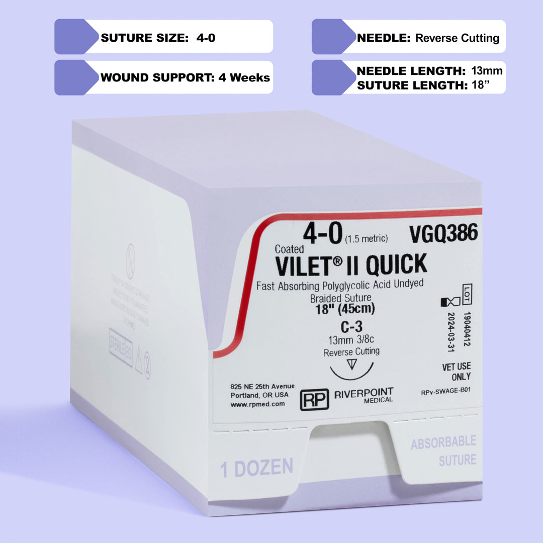 Image showcasing the packaging of the 4-0 VILET® II QUICK Braided Suture with C-3 Needle (VGQ386), highlighting key product details such as suture size, material, length, needle type, and sterilization method. The box is labeled for veterinary use only, emphasizing its specialized application. Manufactured by Riverpoint Medical, it underscores the brand's commitment to quality and innovation in veterinary surgery.