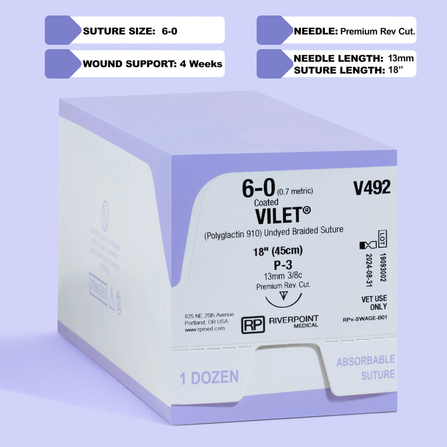 6-0 VILET Suture tressée non teinte, aiguille P3 de 45 cm | V492