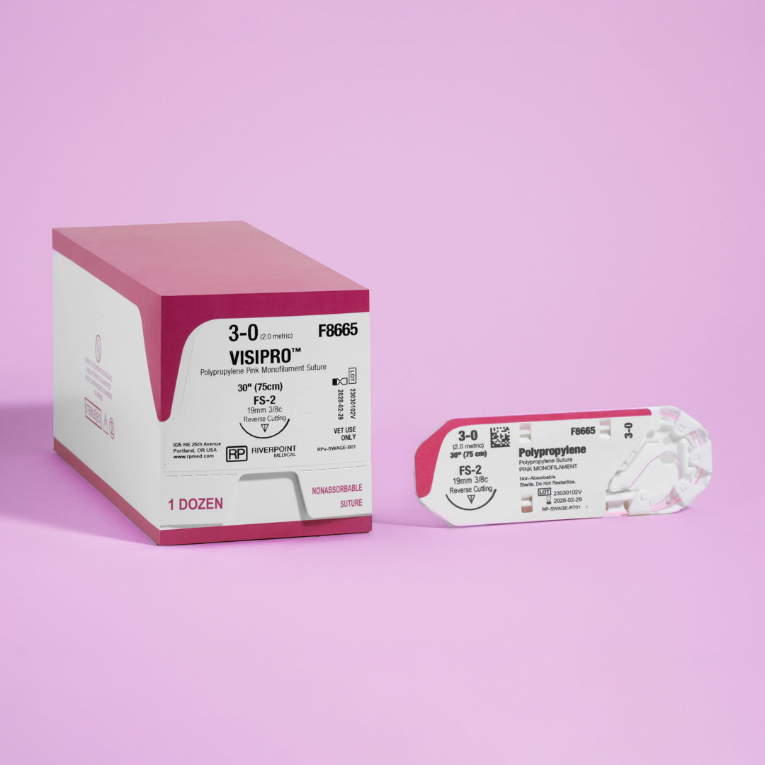 Photograph featuring the 3-0 ViSIPRO™ Polypropylene 30" FS-2 Needle (F8665) alongside its open sterile packaging, illustrating the suture's specifications and its preparation for use in specialized veterinary surgeries, manufactured by Riverpoint Medical.