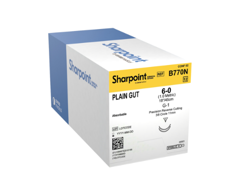 SharpPoint B770N 6-0 Plain Gut Suture, 18 inches with a G-1 precision reverse cutting 3/8 circle needle, designed for microsurgical precision and rapid absorption.